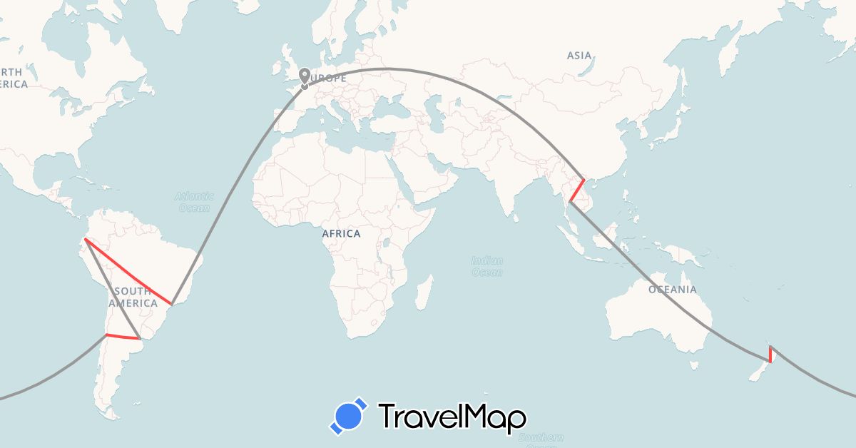 TravelMap itinerary: plane, train, hiking in Argentina, Brazil, Chile, Ecuador, France, New Zealand, Vietnam (Asia, Europe, Oceania, South America)